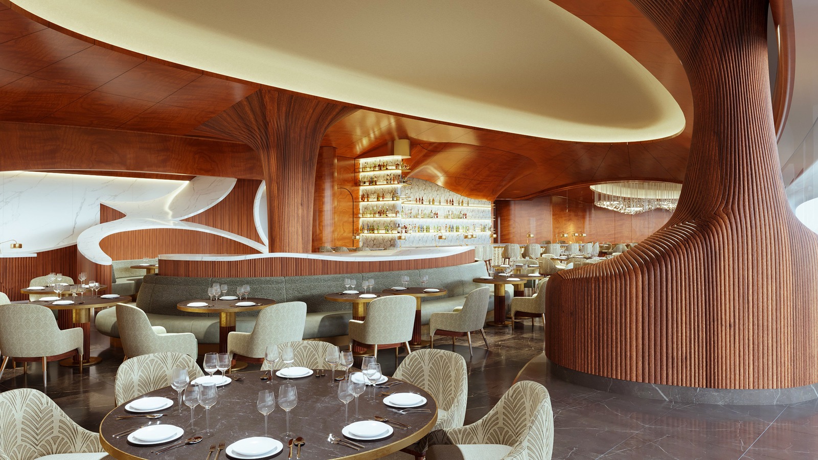 Official rendering of Skywalker Grill dining room with cherry wood and central bar