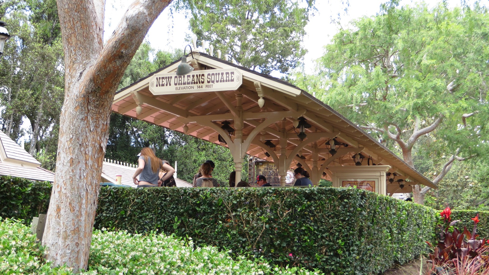 Disneyland Railroad steam train at New Orleans Square Station in Anaheim, the attraction that carries guests through the reopened Primeval World diorama