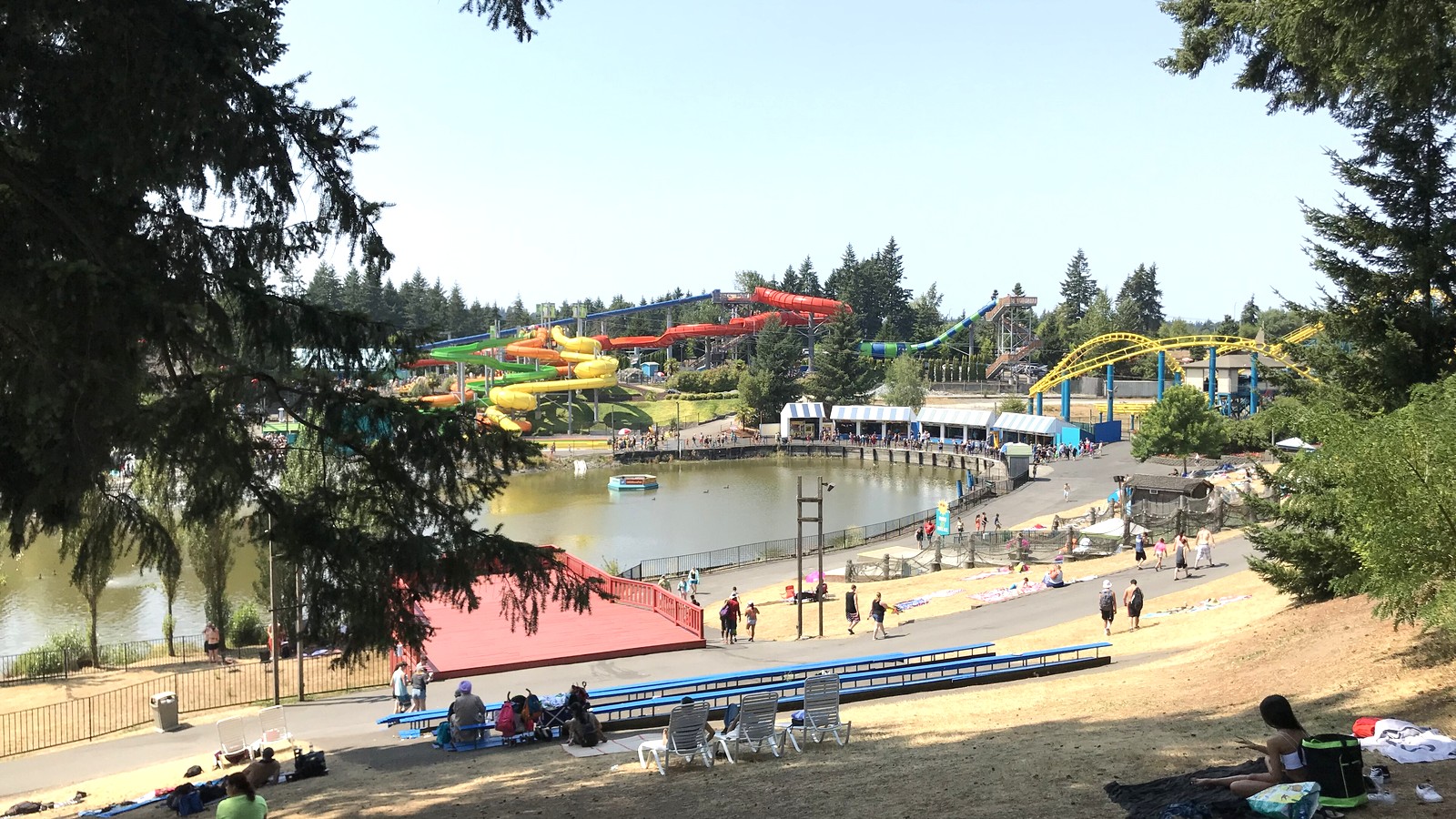 Daytime view of rides and grounds at Wild Waves Theme and Water Park in Federal Way, Washington