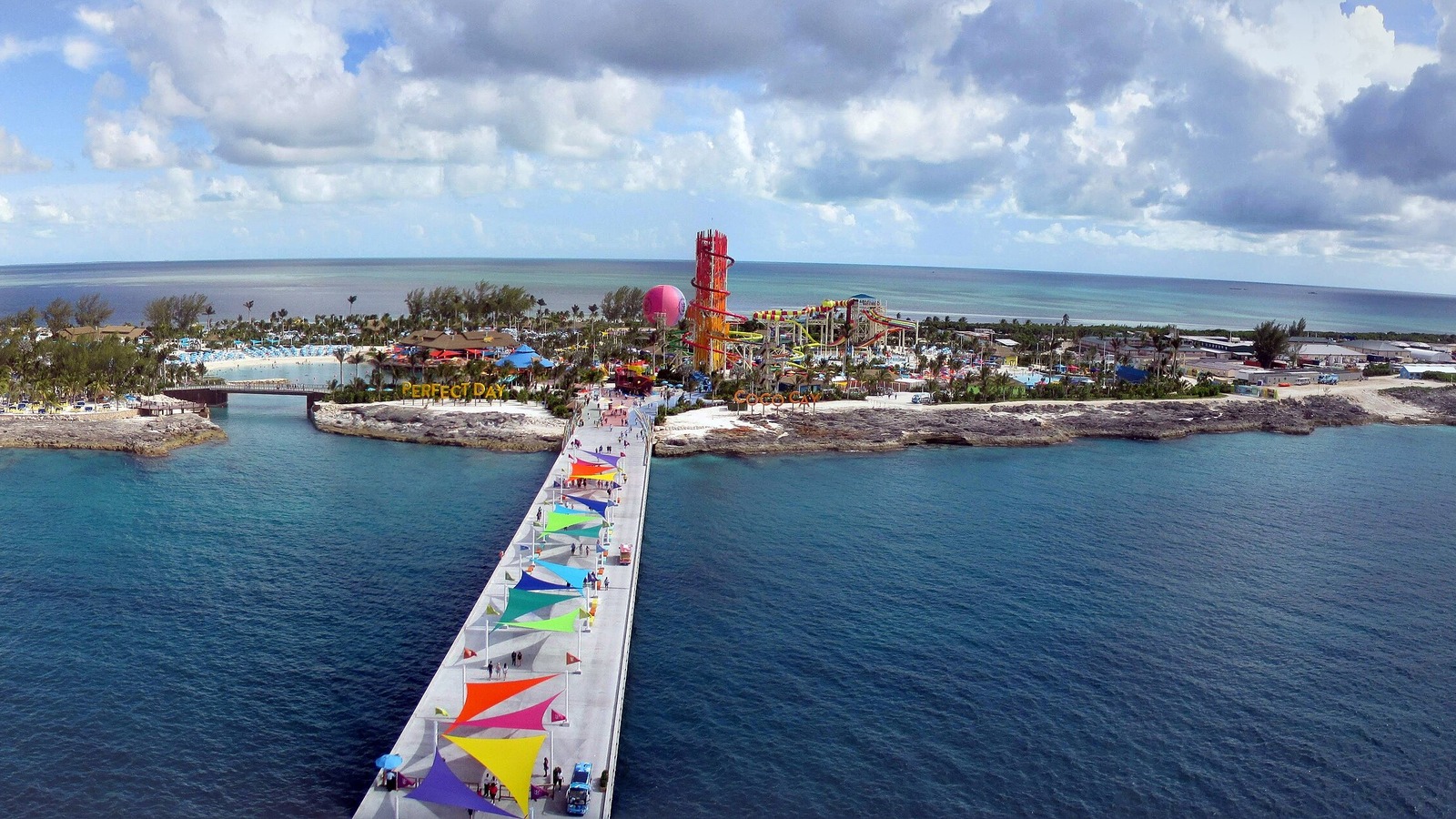 Aerial view down the pier toward Perfect Day CocoCay
