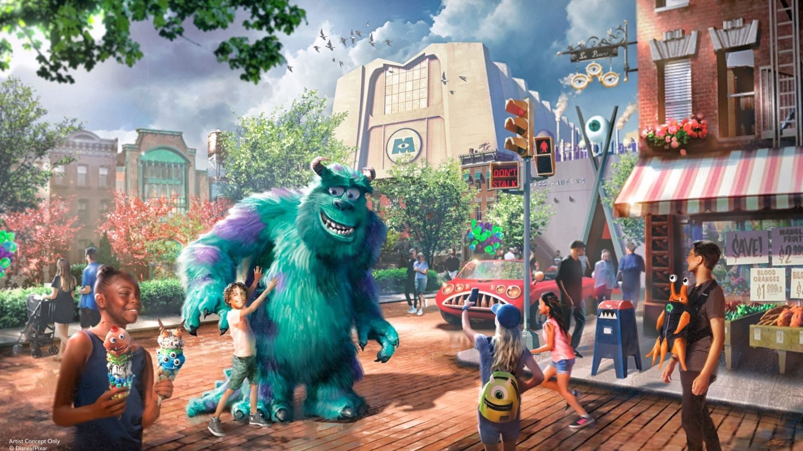 Official concept art of Monstropolis land streetscape at Disney's Hollywood Studios