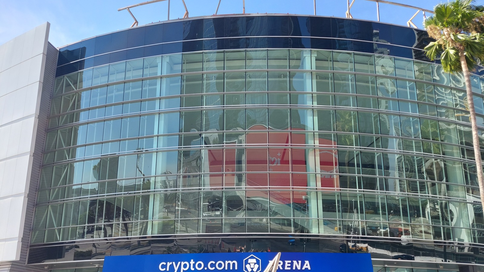 Exterior glass facade of Crypto.com Arena at L.A. LIVE in downtown Los Angeles