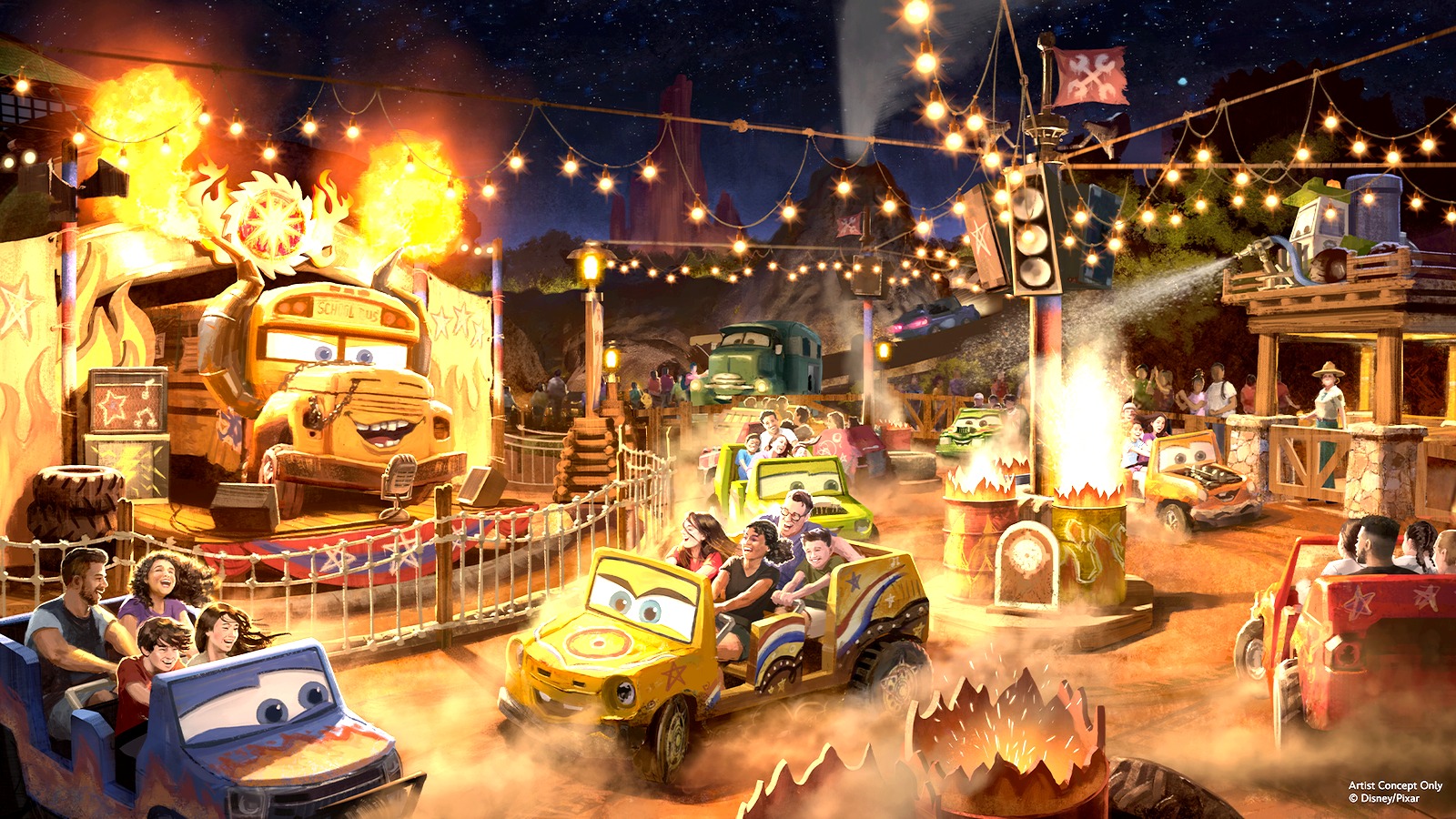 Official concept art of Miss Fritter Daredevil Spin-Along at Magic Kingdom Piston Peak
