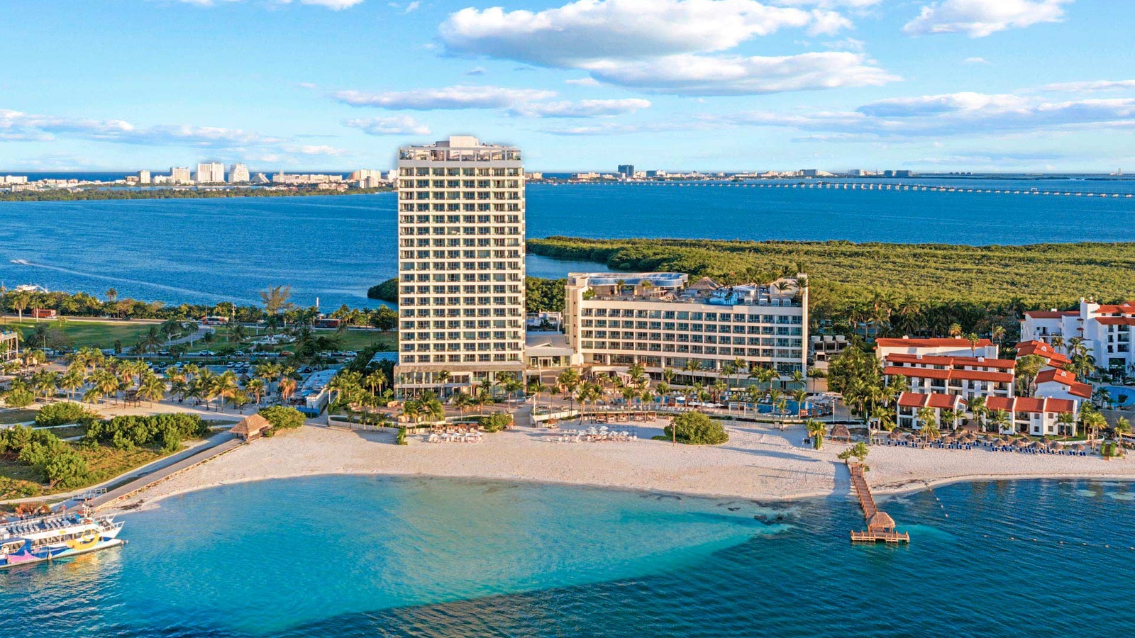 Aerial view of Amare Cancun adults only beachfront resort towers and coastline in the Hotel Zone