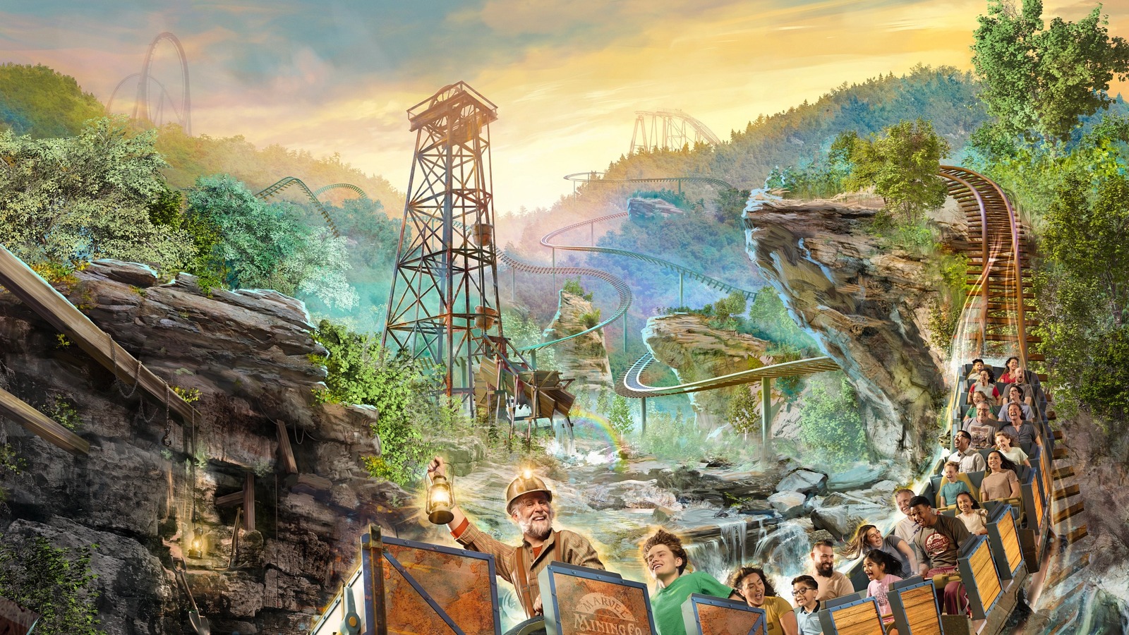 Silver Dollar City Miner's Mountain Express family coaster key art with mine train cars and mountain mining theming