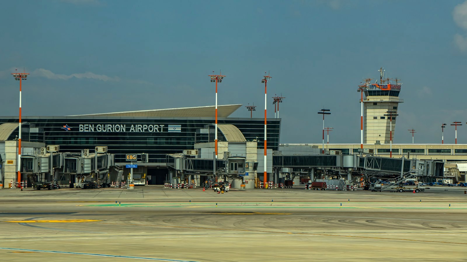 Ben Gurion Airport Terminal 3 gates and control tower in Israel