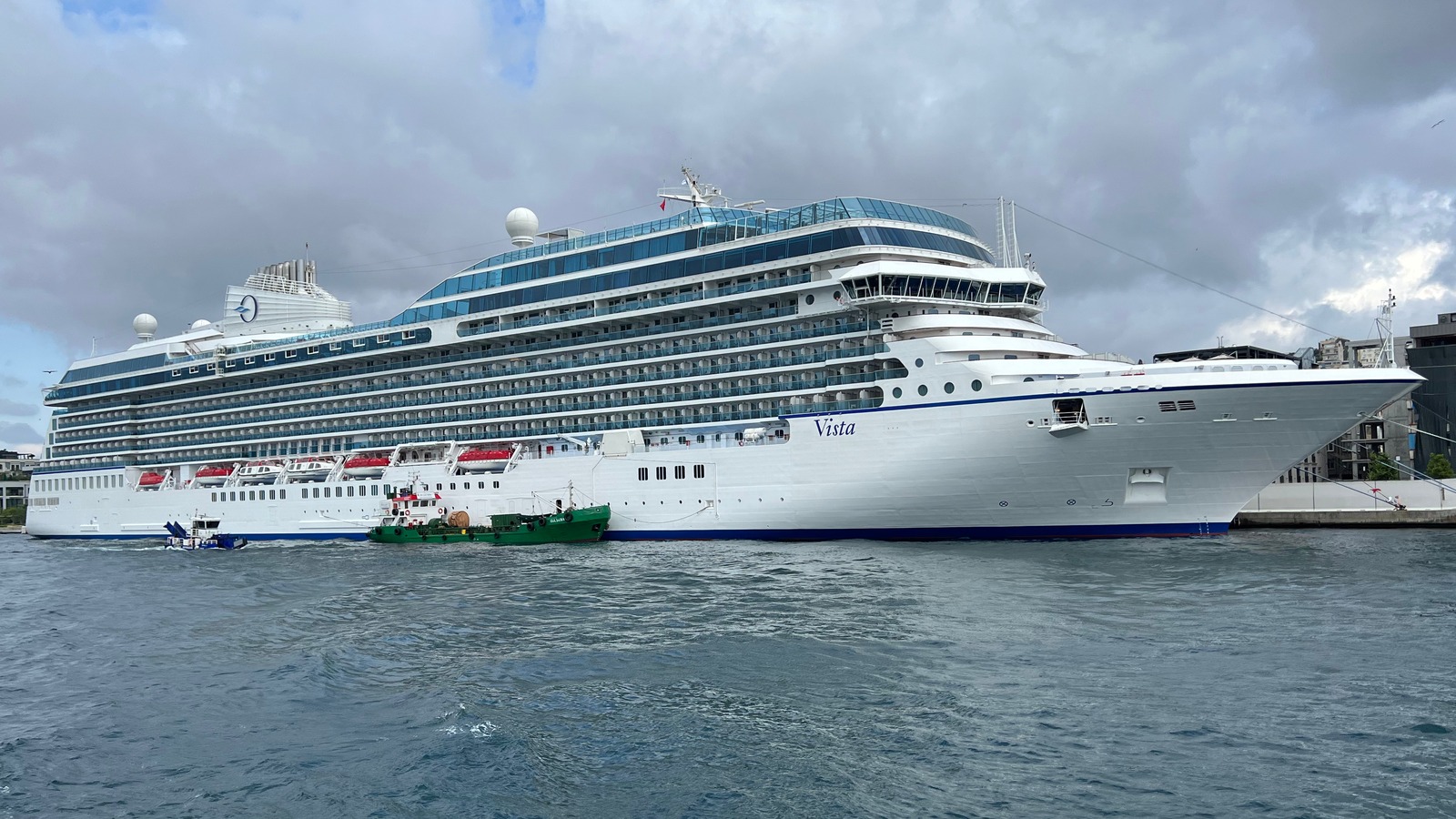Oceania Vista cruise ship exterior in port at Istanbul with Oceania funnel mark