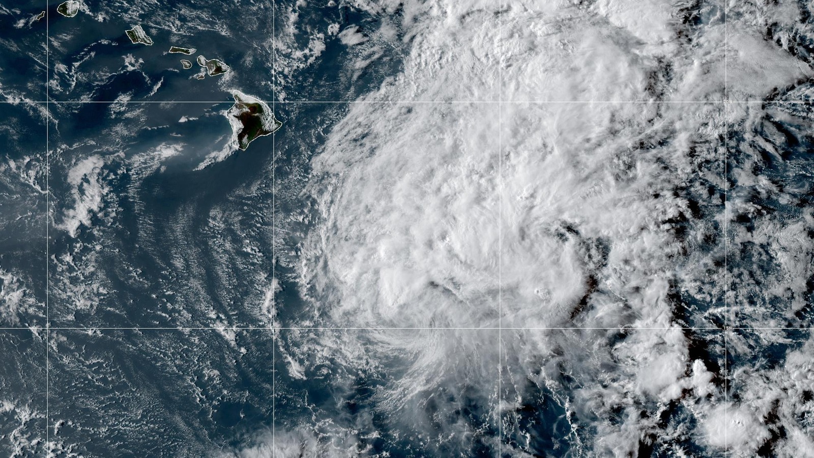 GOES West satellite view of Tropical Storm Moke southeast of the Hawaiian Islands on August 22, 2026