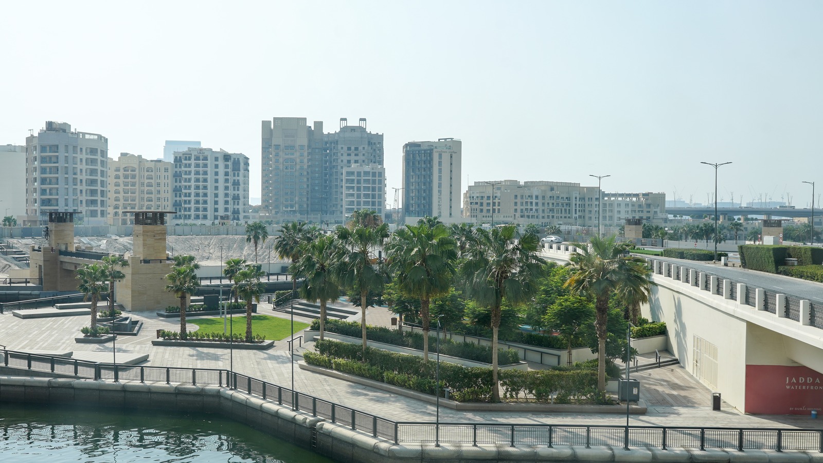 Dubai creek and hotel skyline view from the Jaddaf waterfront on a clear day