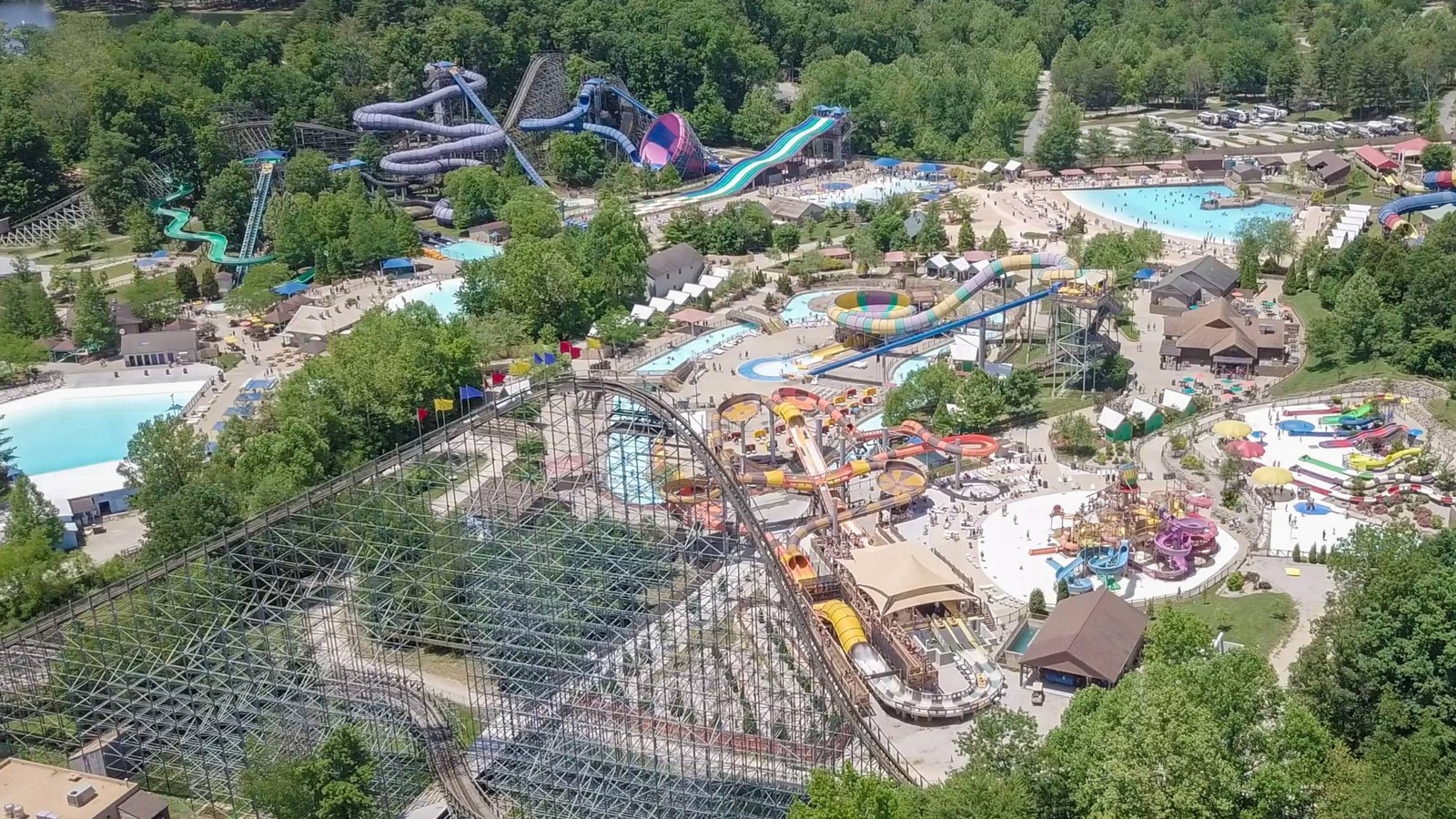 Aerial view of Holiday World and Splashin' Safari with the Voyage wooden coaster and water park slides