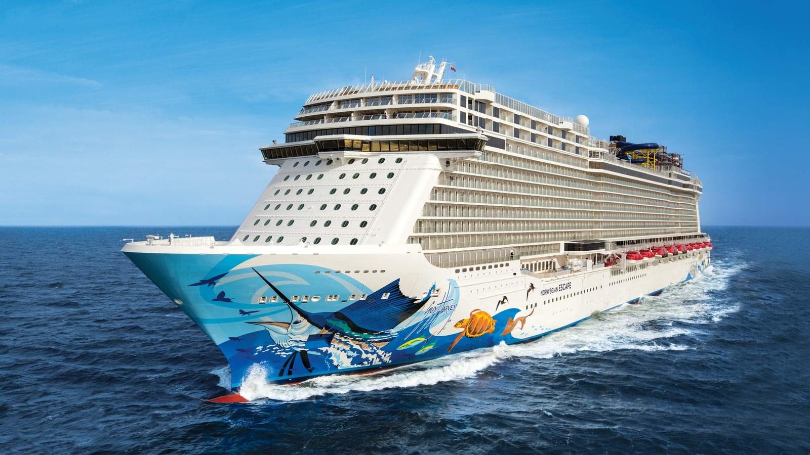 Norwegian Escape underway with hull name and bow mural visible