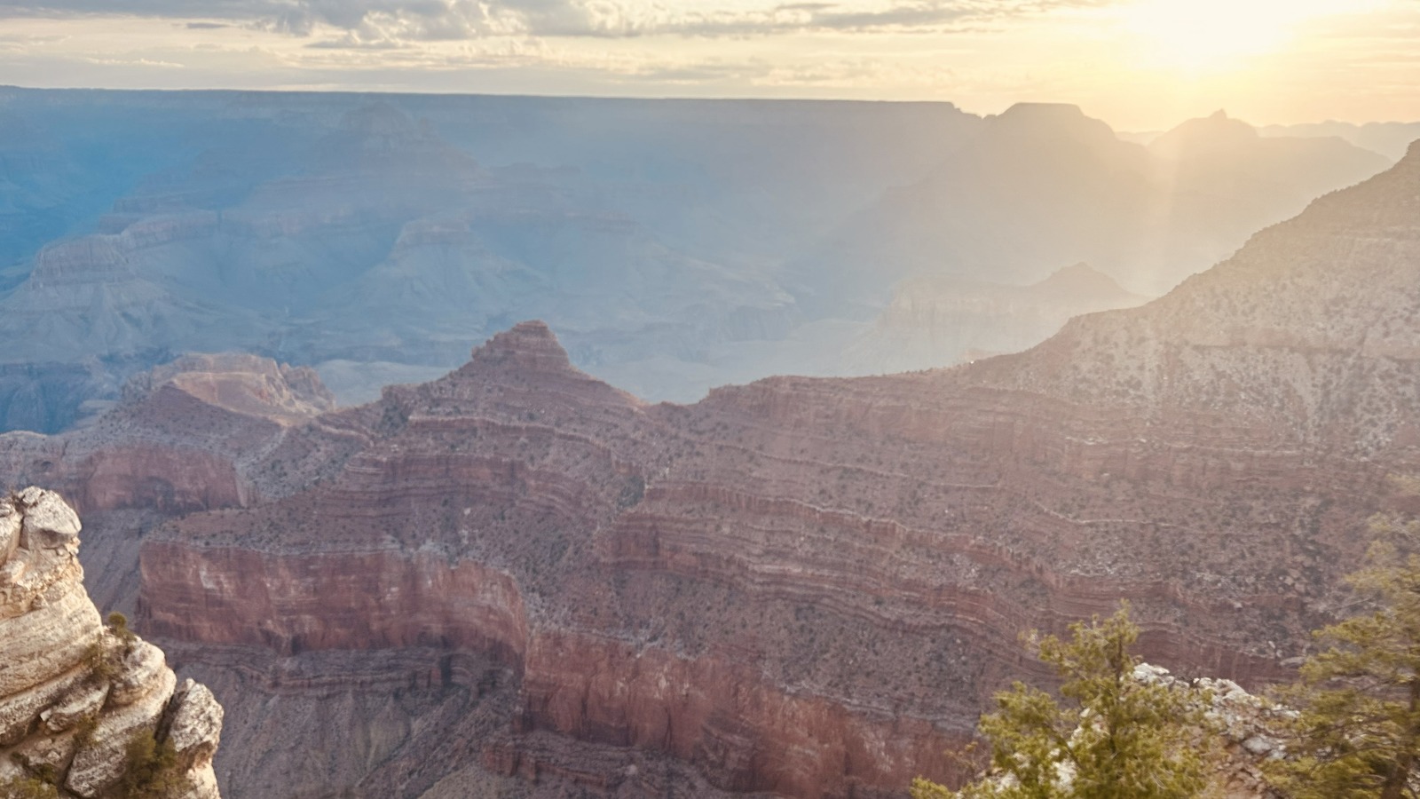 Sunrise light on the Grand Canyon from the Mather Point area on August 12, 2026