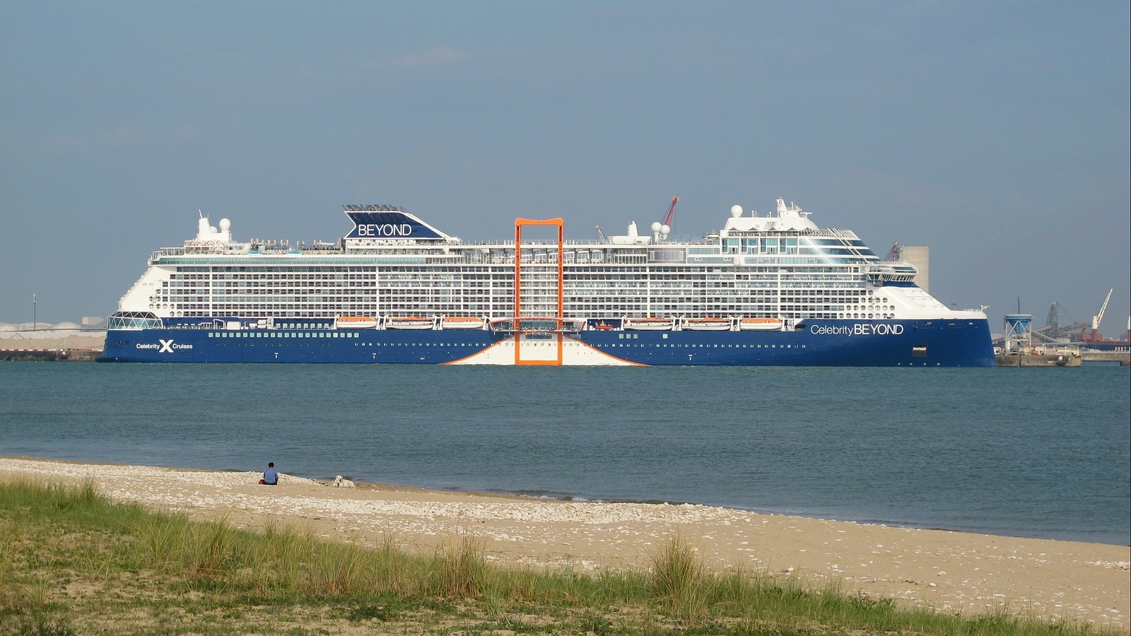 Celebrity Beyond exterior at La Rochelle-Pallice showing Edge-class profile and Magic Carpet for the named ship.