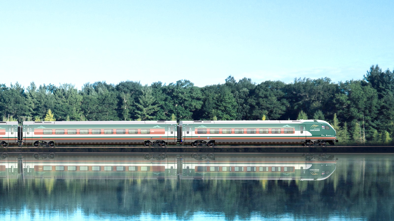 Amtrak Cascades trainset exterior beside water under bright sky