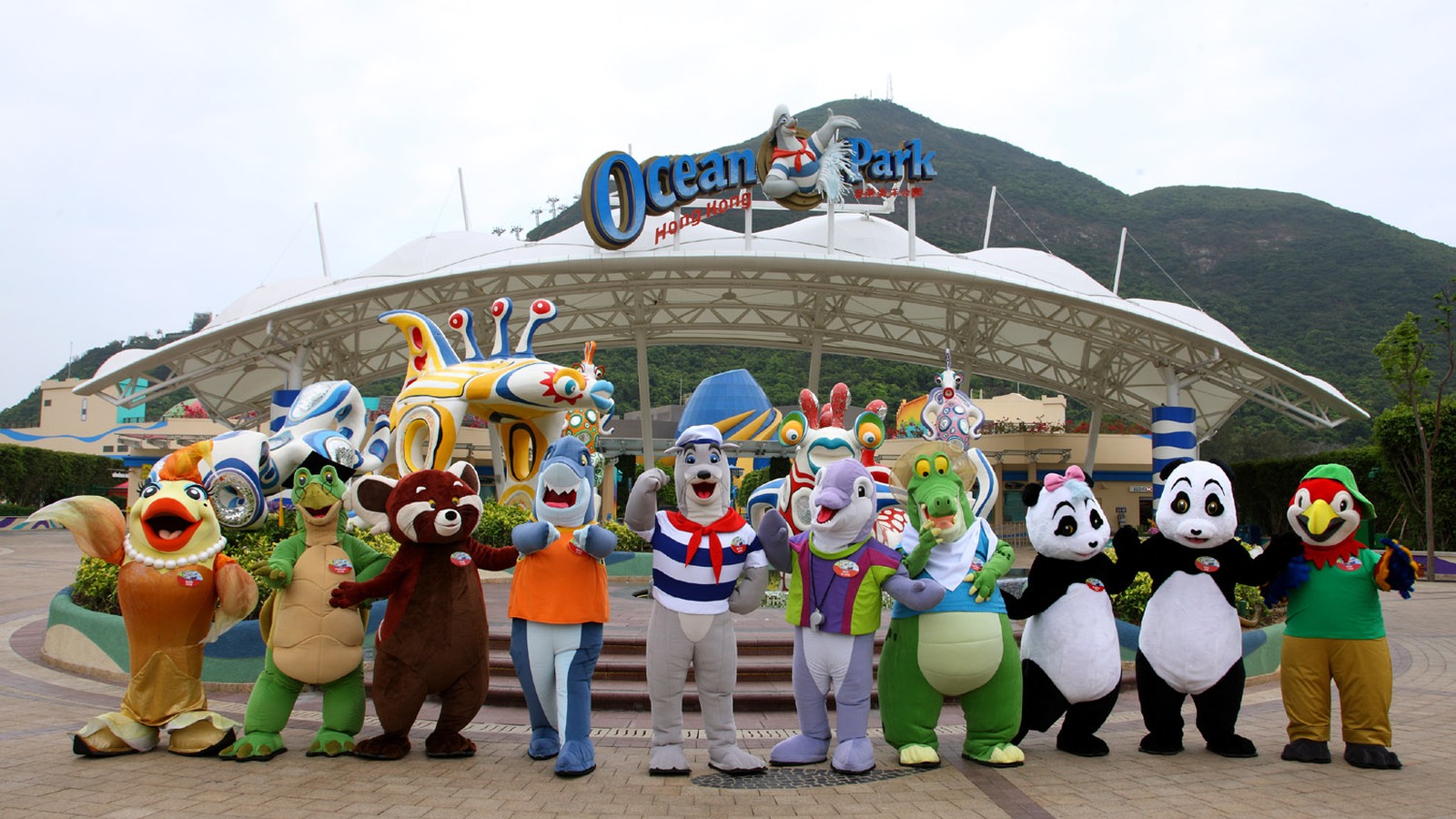 Main entrance plaza and buildings at Ocean Park Hong Kong