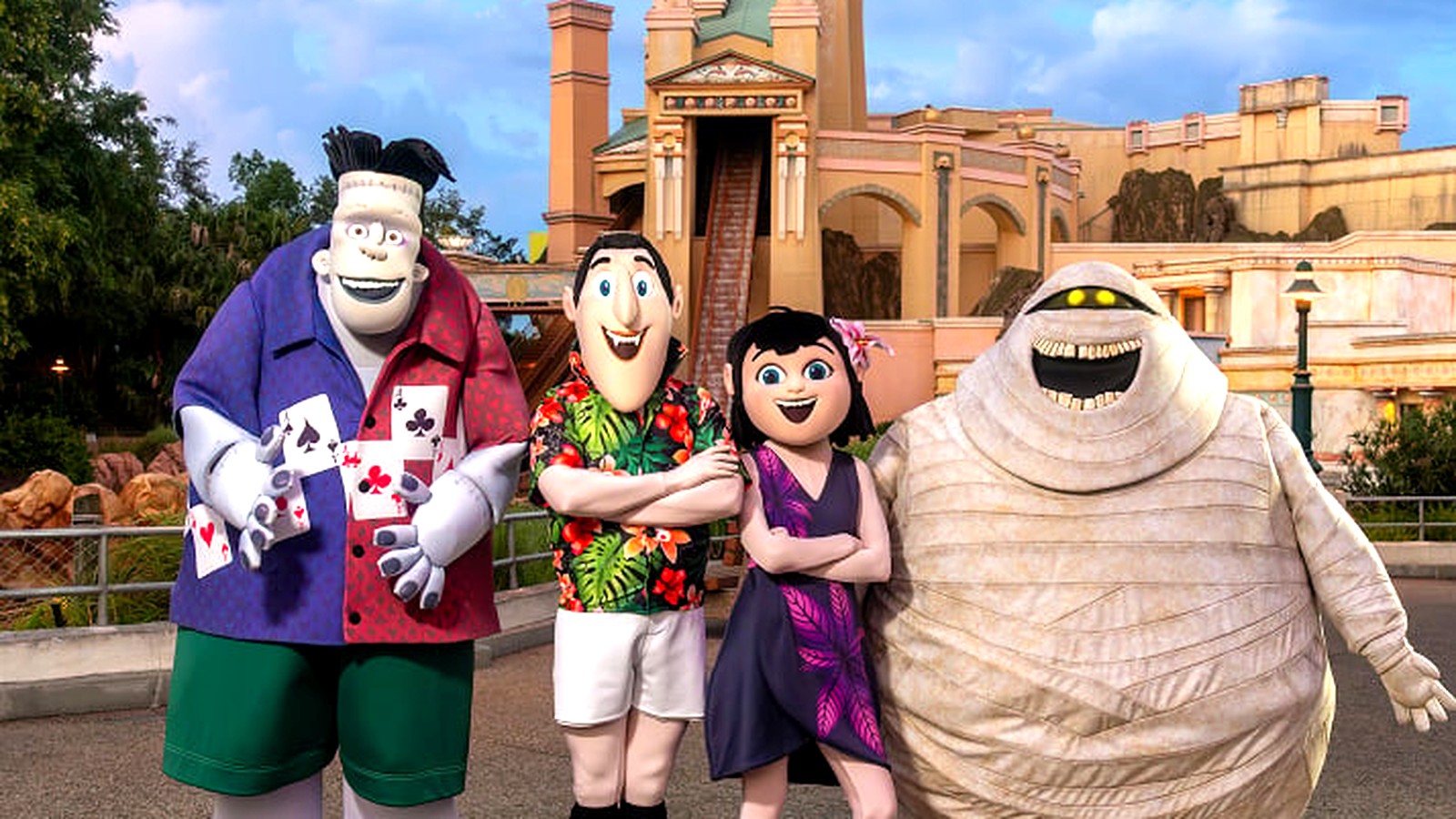 Hotel Transylvania characters Drac, Mavis, Frank, and Murray pose at SeaWorld Orlando for Spooktacular