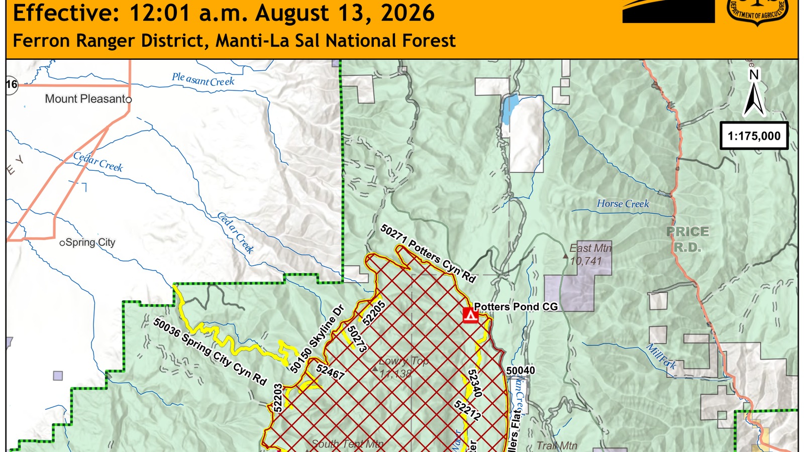 Official USDA Forest Service map of the Ferron Ranger District Black Canyon Fire closure showing Potters Pond Campground closed from 12:01 a.m. August 13 2026