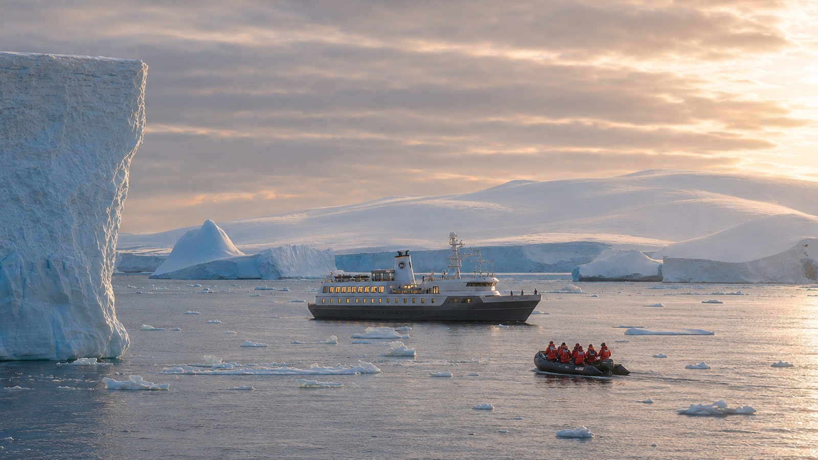 Ice-class expedition yacht MV Aureum near Antarctic ice with a Zodiac boat alongside