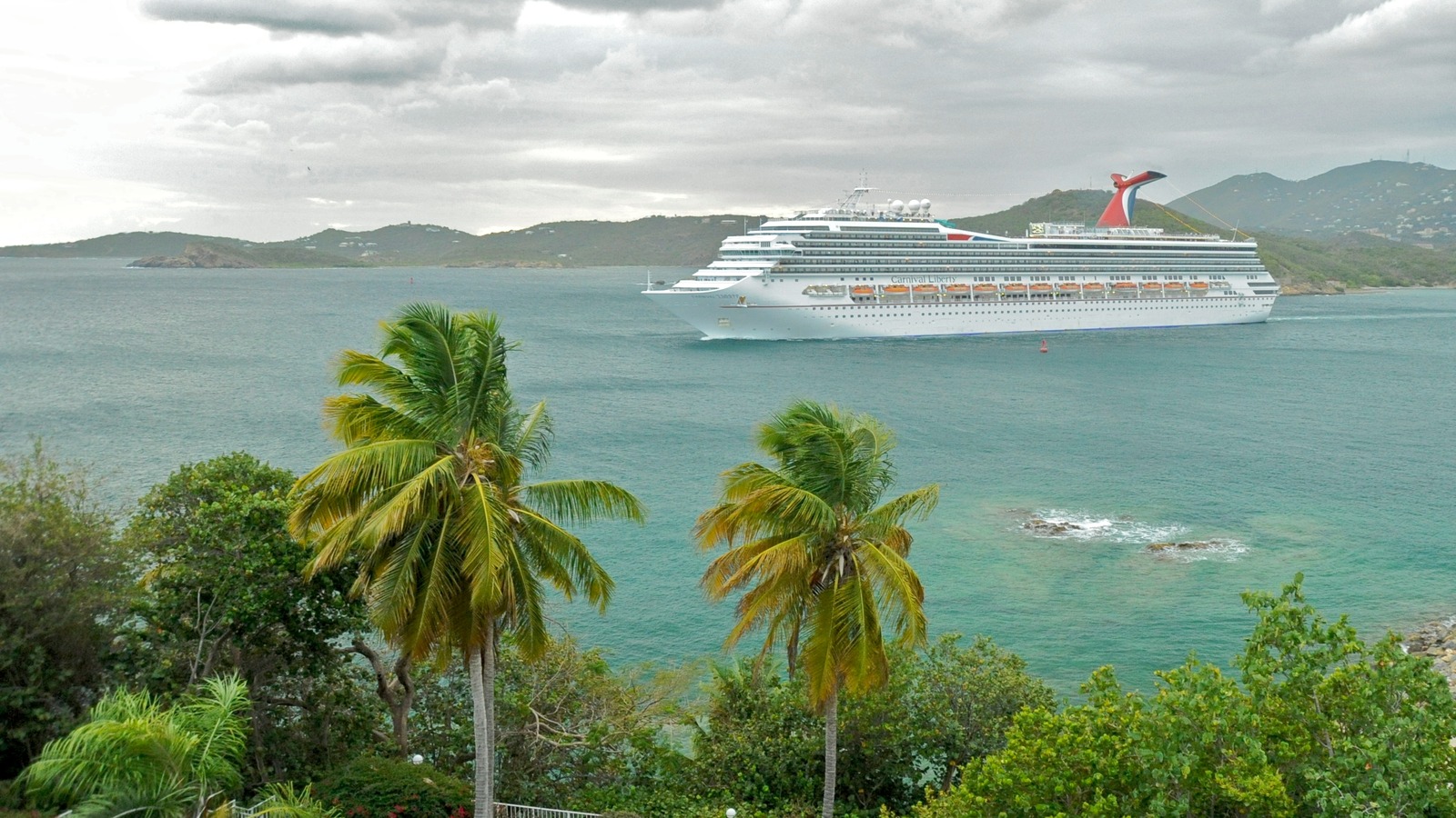 Marriott resort buildings and pool terrace overlooking a Caribbean harbor in St. Thomas