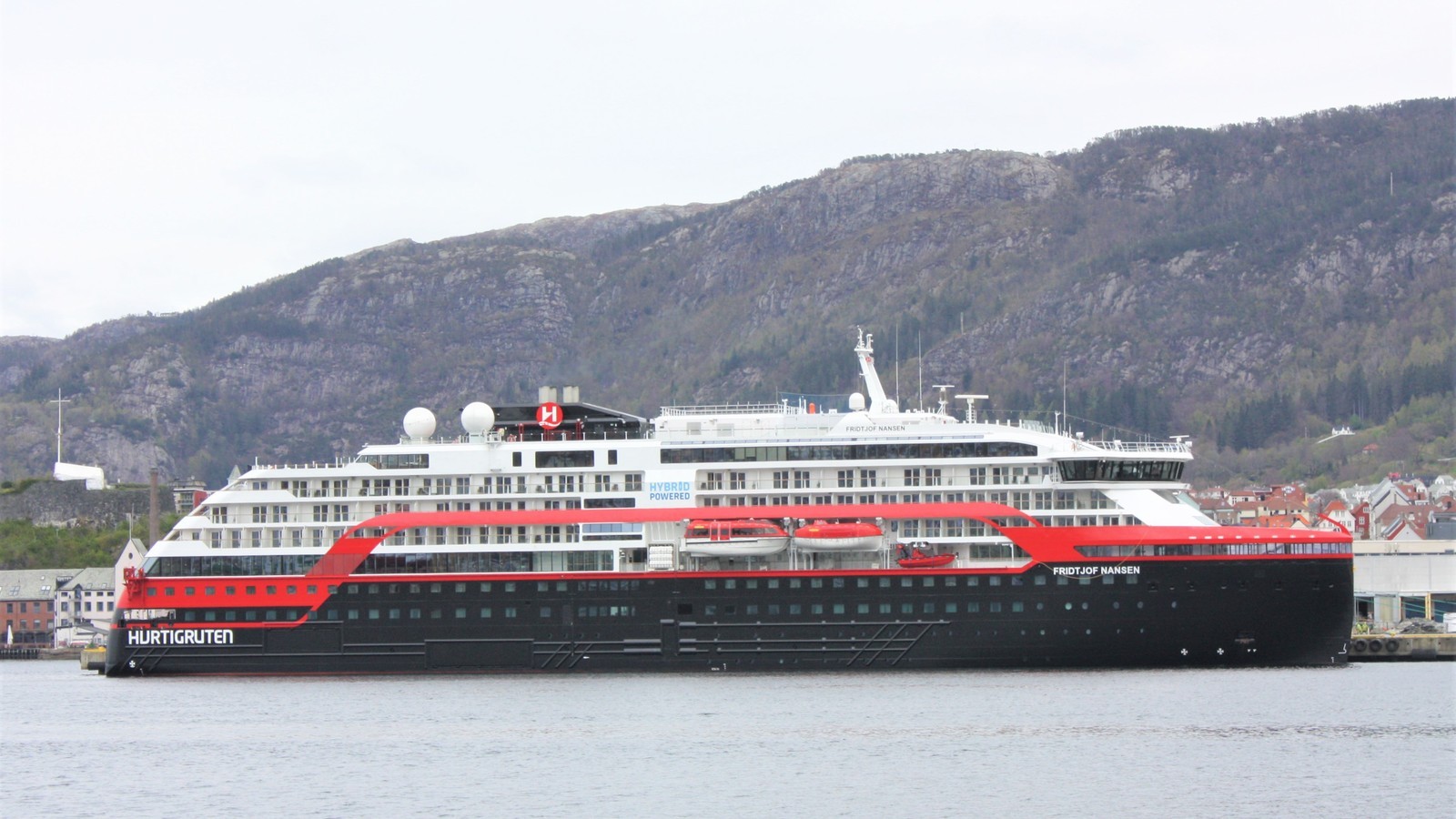 MS Fridtjof Nansen HX expedition ship docked at Bergen waterfront