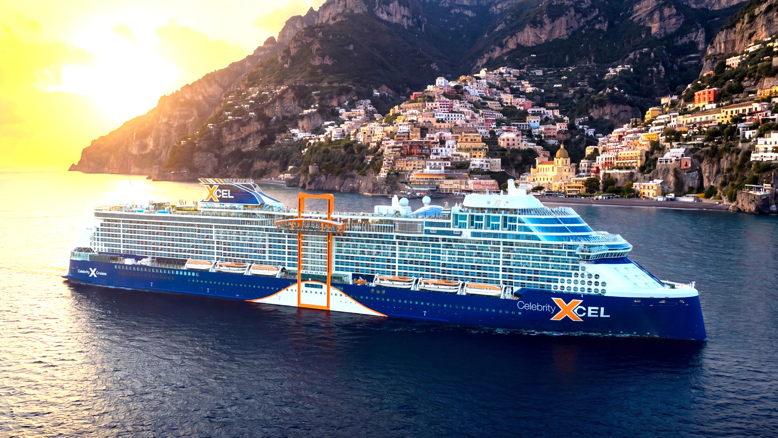 Celebrity Xcel sailing off the Amalfi Coast at sunset