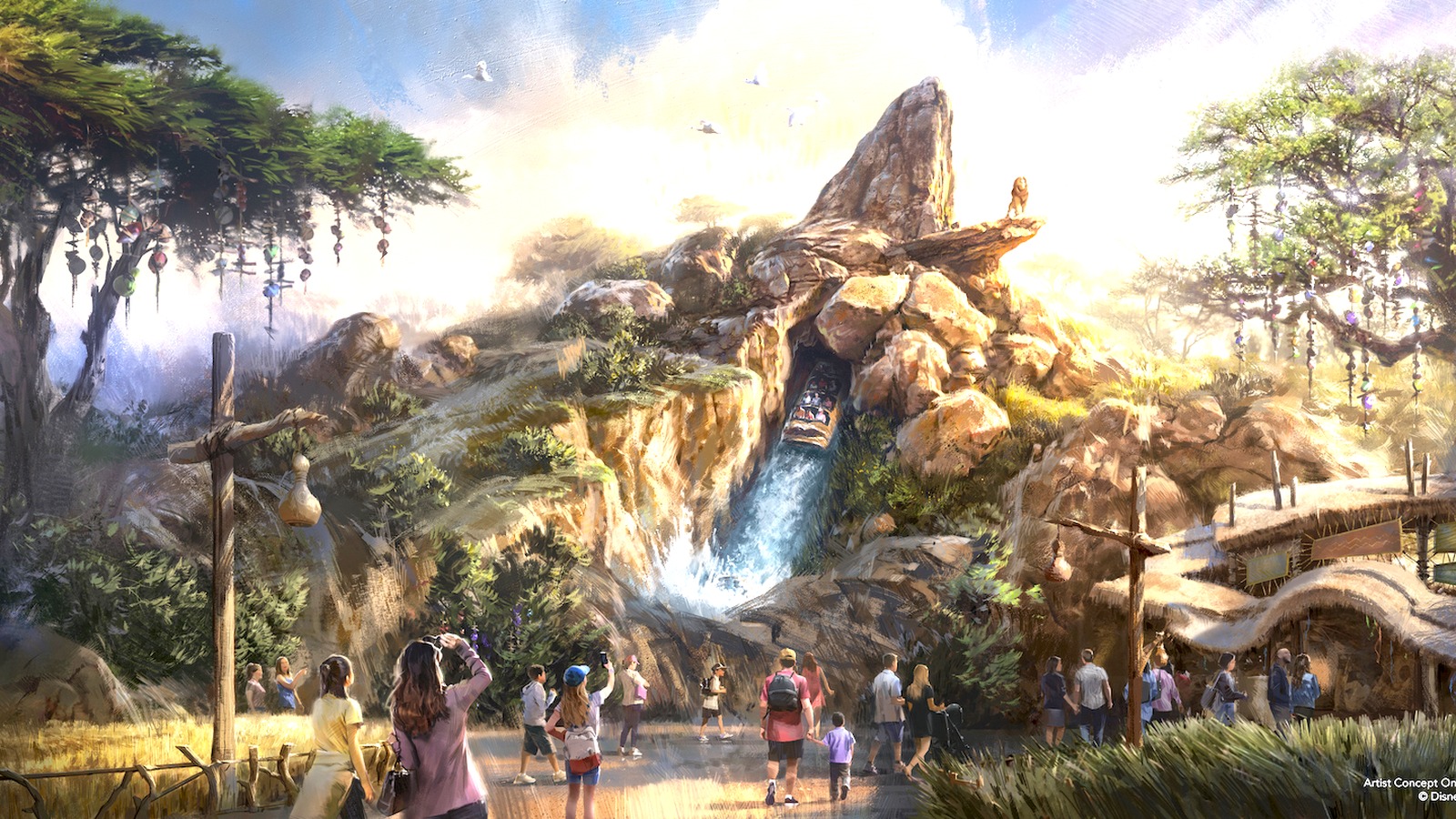 Official concept art of the Lion King immersive world at Disneyland Paris Disney Adventure World, showing Pride Rock and a flume boat on a water drop