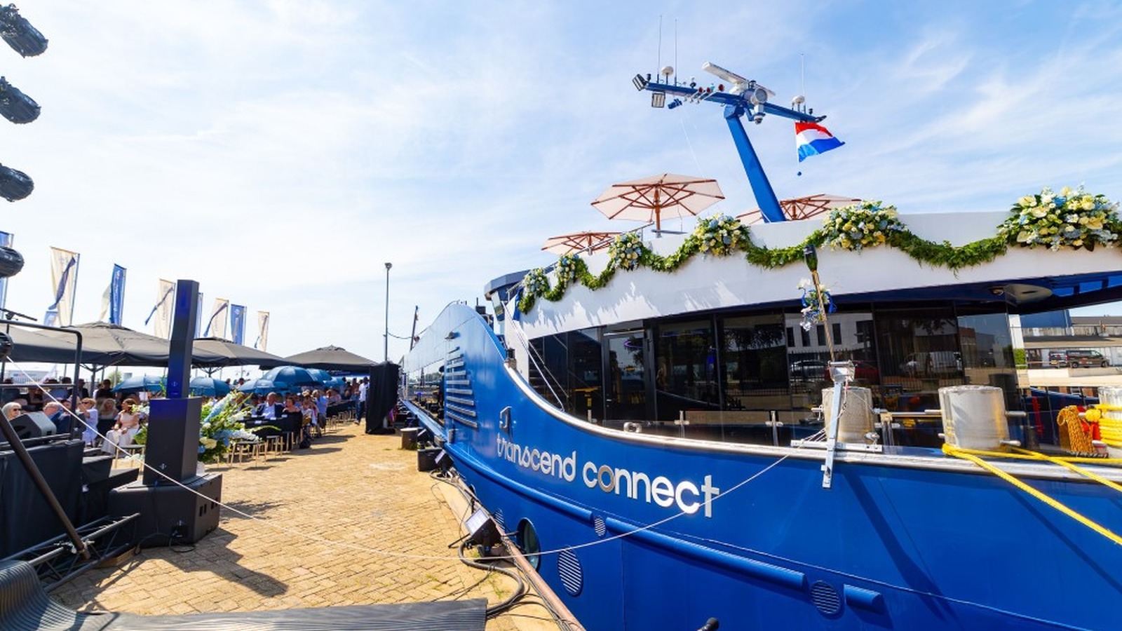 Transcend Connect docked in Dordrecht with flowers for its naming ceremony