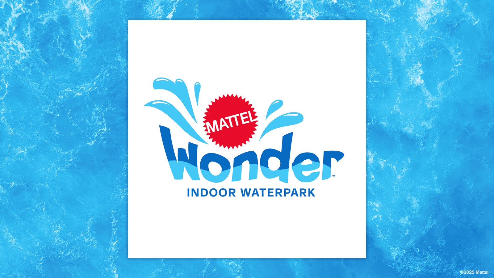 Official Mattel Wonder Indoor Waterpark logo surrounded by blue water