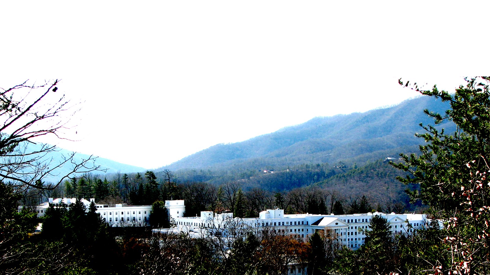 Daytime exterior of The Greenbrier resort hotel in White Sulphur Springs West Virginia