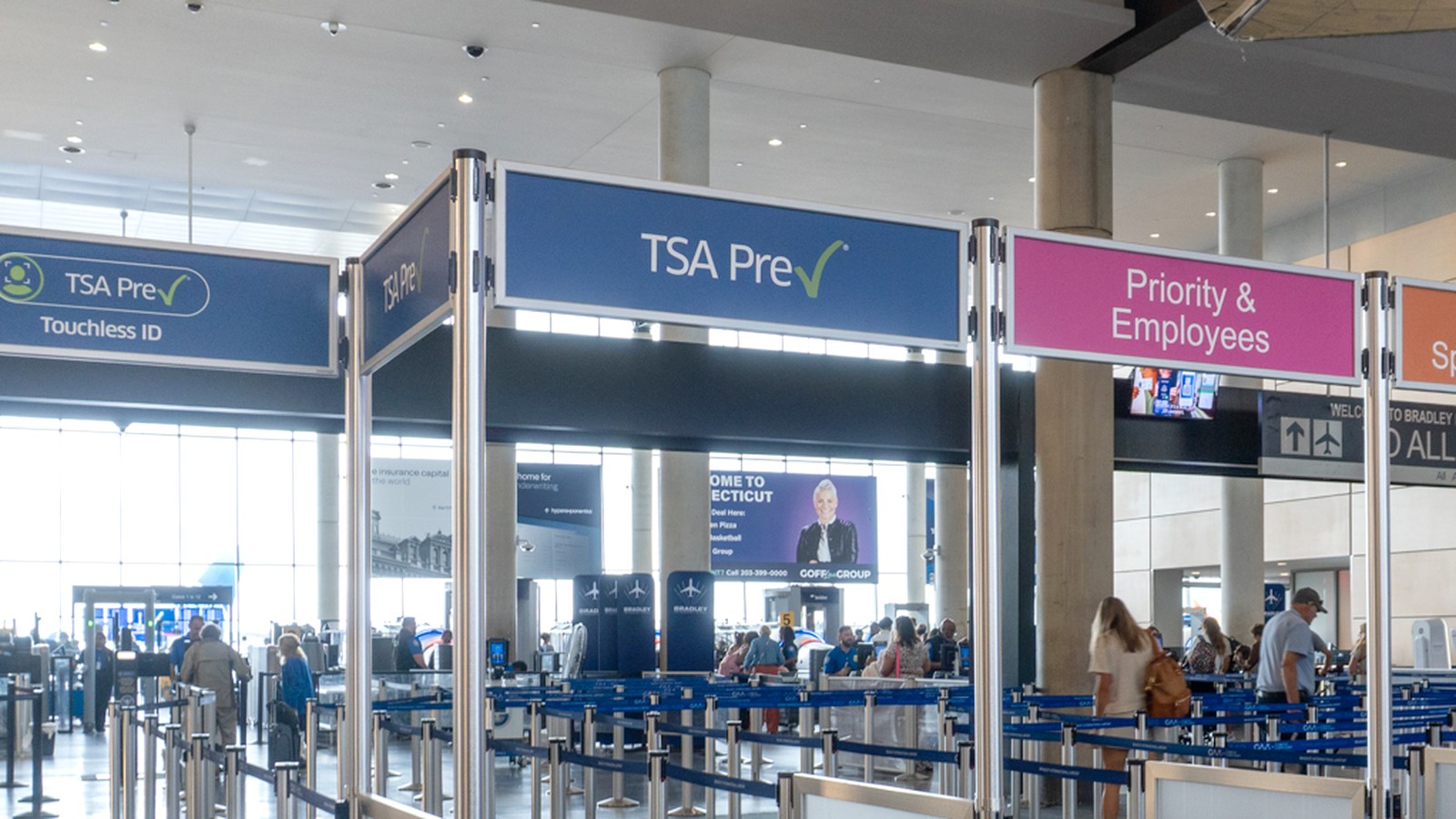 Expanded main TSA security checkpoint interior at Bradley International Airport