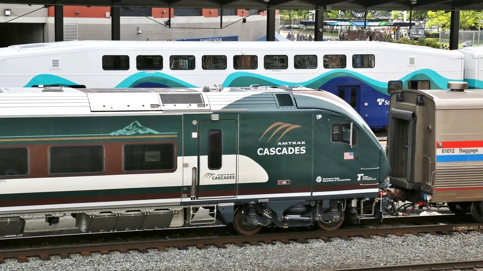 Amtrak Cascades Airo trainset near King Street Station in Seattle