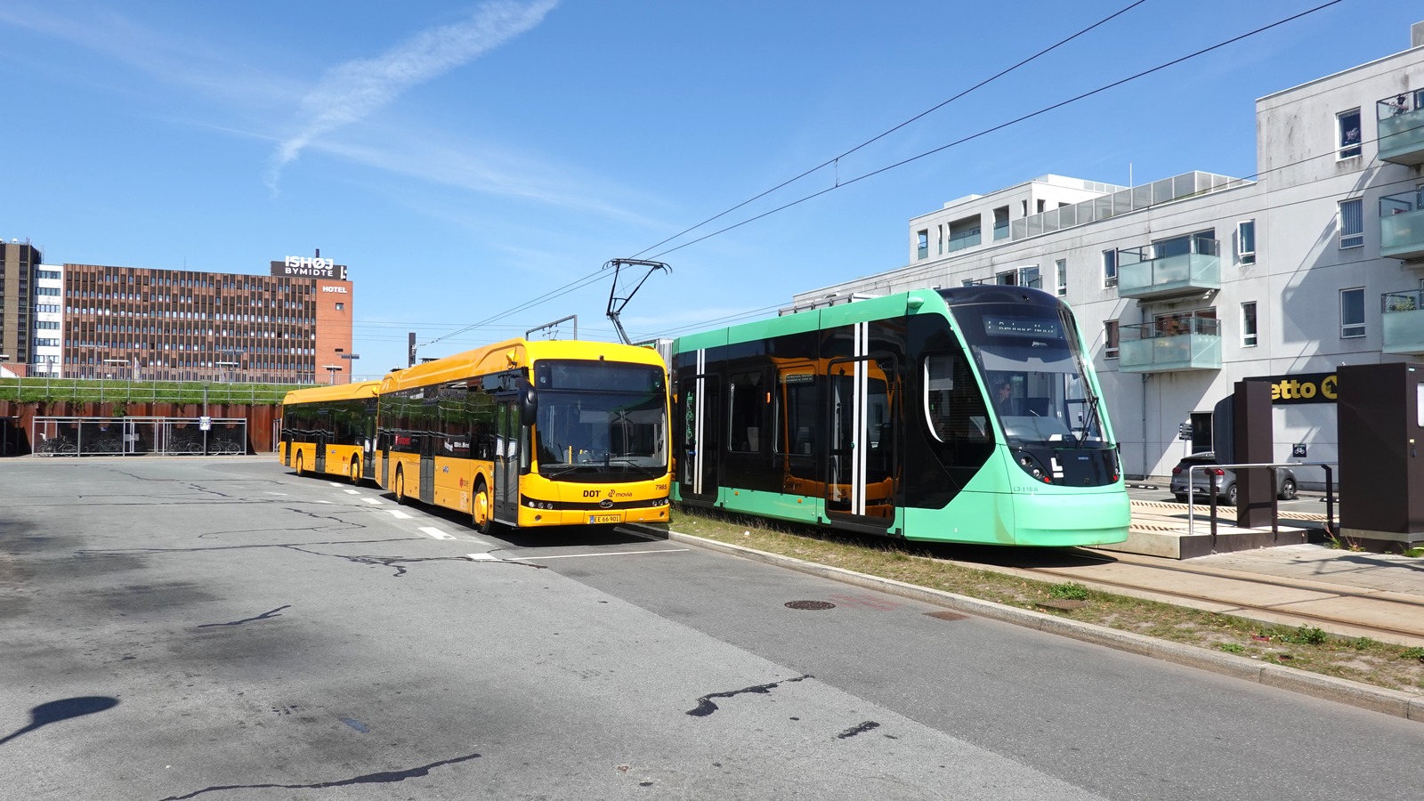 Green Hovedstadens Letbane Siemens Avenio tram at Ishoj on the Greater Copenhagen Light Rail