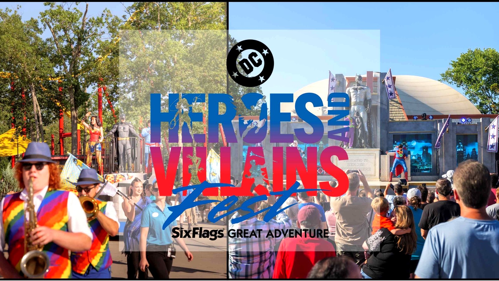 Crowds and DC characters during Heroes and Villains Fest at Six Flags Great Adventure with Batman statue stage and parade float