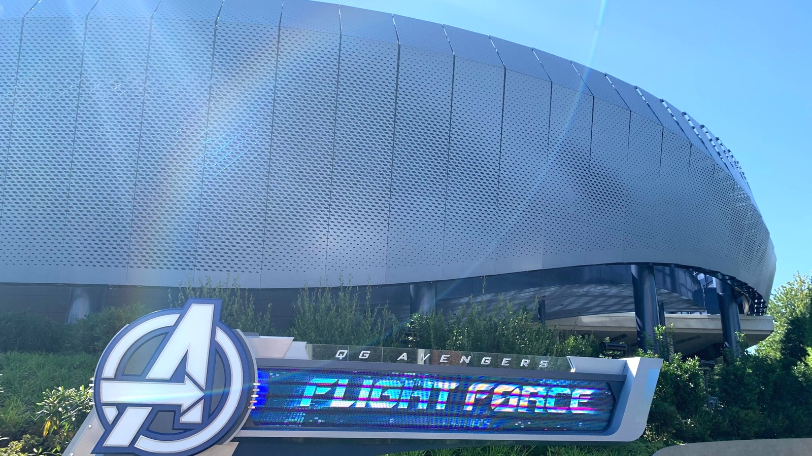 Entrance facade of Avengers Assemble: Flight Force at Marvel Avengers Campus in Disney Adventure World