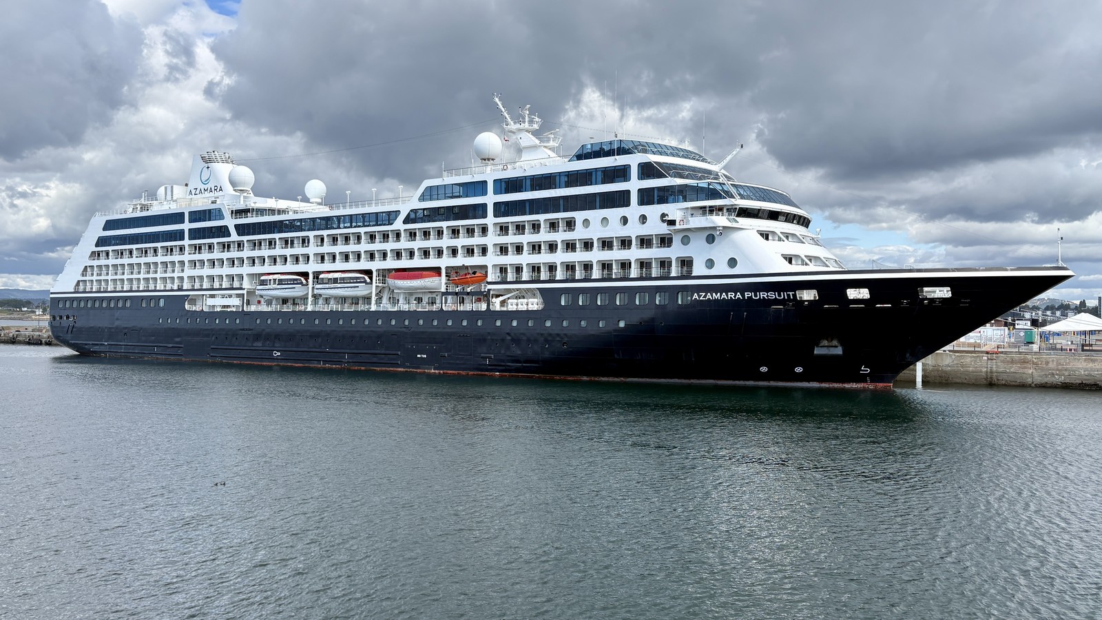 Azamara Pursuit cruise ship with Azamara funnel mark and hull name visible