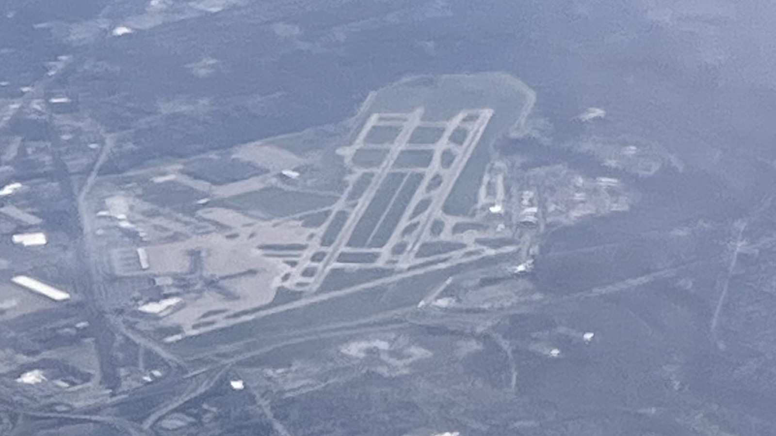 Aerial view of Cleveland Hopkins International Airport terminals and airfield