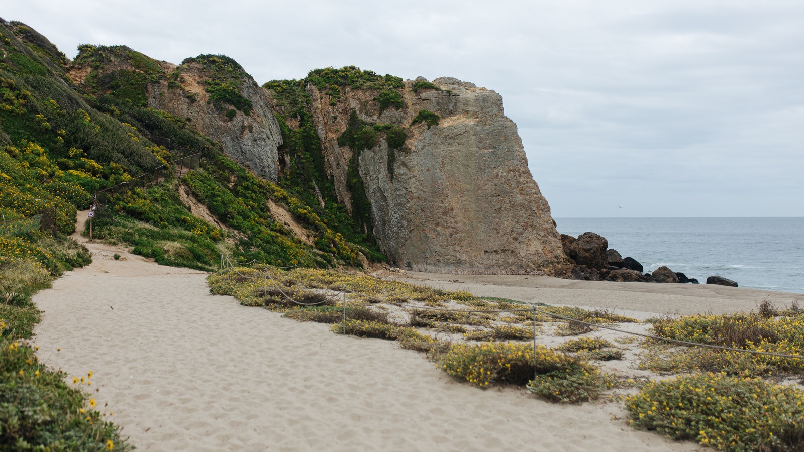 Point Dume State Beach headland cliff and sandy beach path in Malibu, California