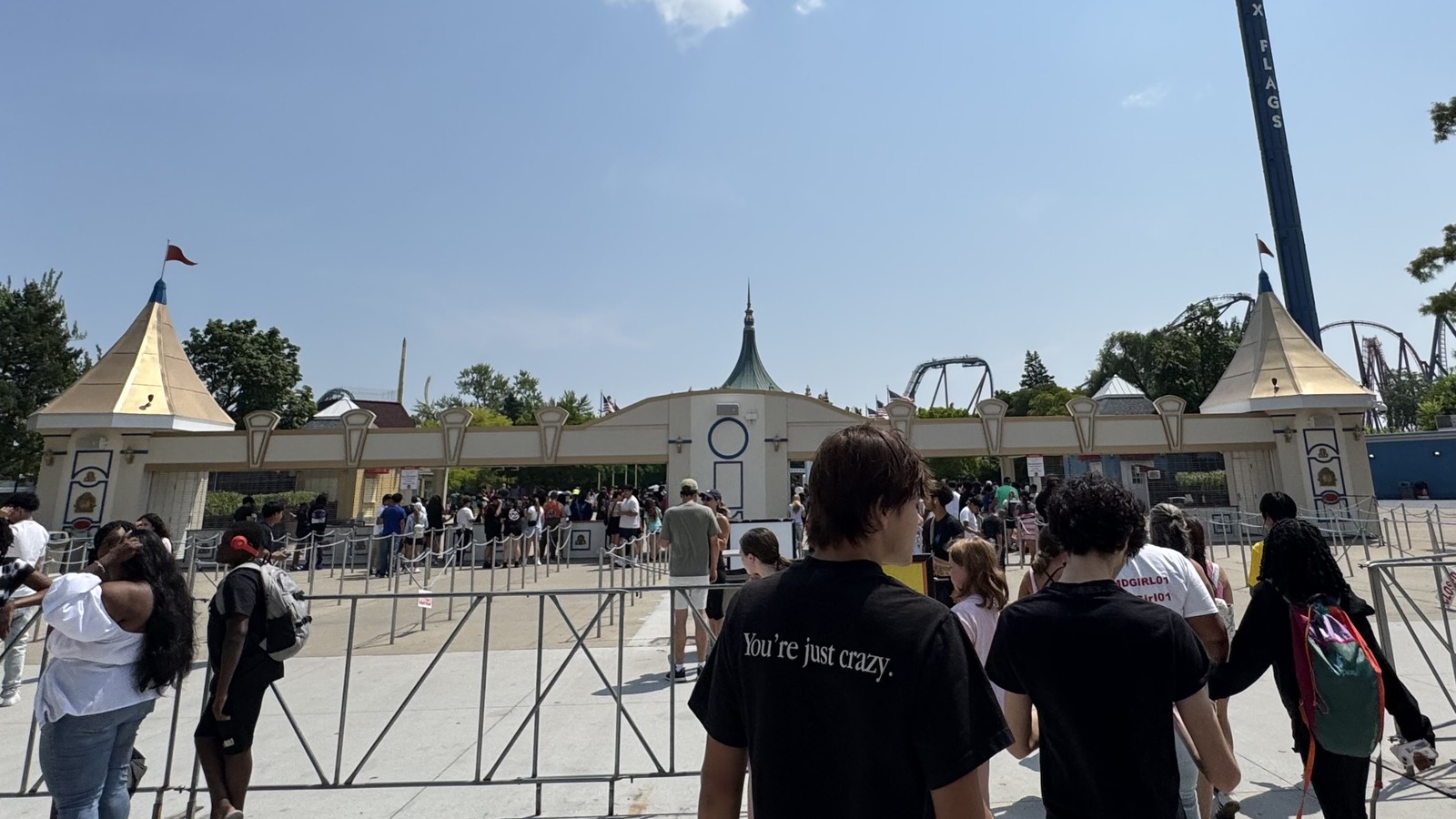 Six Flags Great America ticketing entrance gate in Gurnee photographed in August 2025