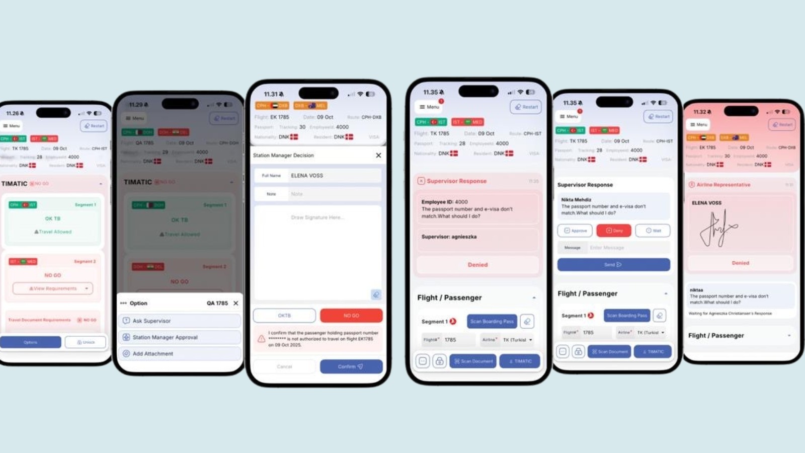 Six smartphone screens showing ABOMIS TimaCheck passenger document checks, approvals, and supervisor responses.