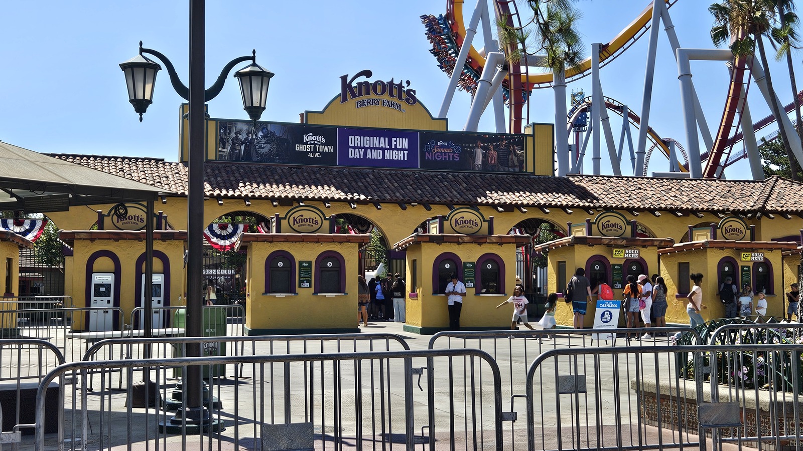 Daytime view of Knott's Berry Farm rides and park grounds in Buena Park