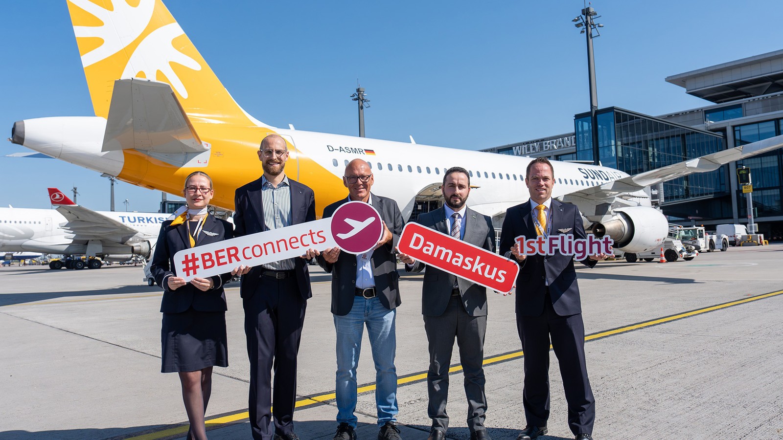 Sundair aircraft and ceremony party at Berlin Brandenburg Airport for the Damascus route launch