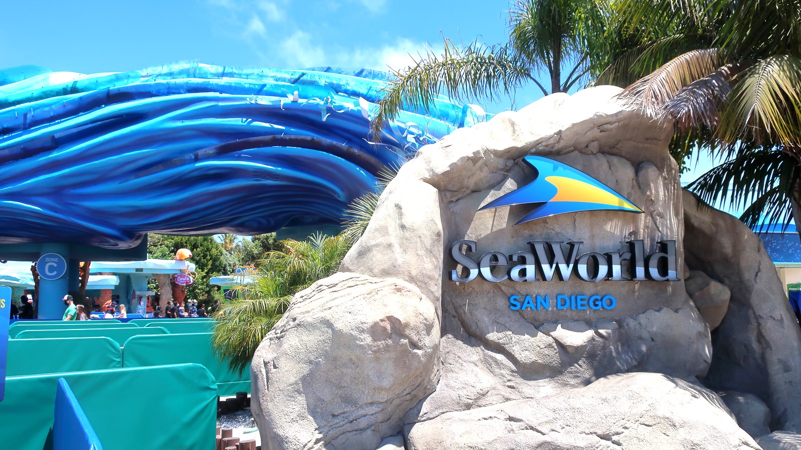 SeaWorld San Diego park entrance sign and plaza, the park that received three rescued Marineland belugas