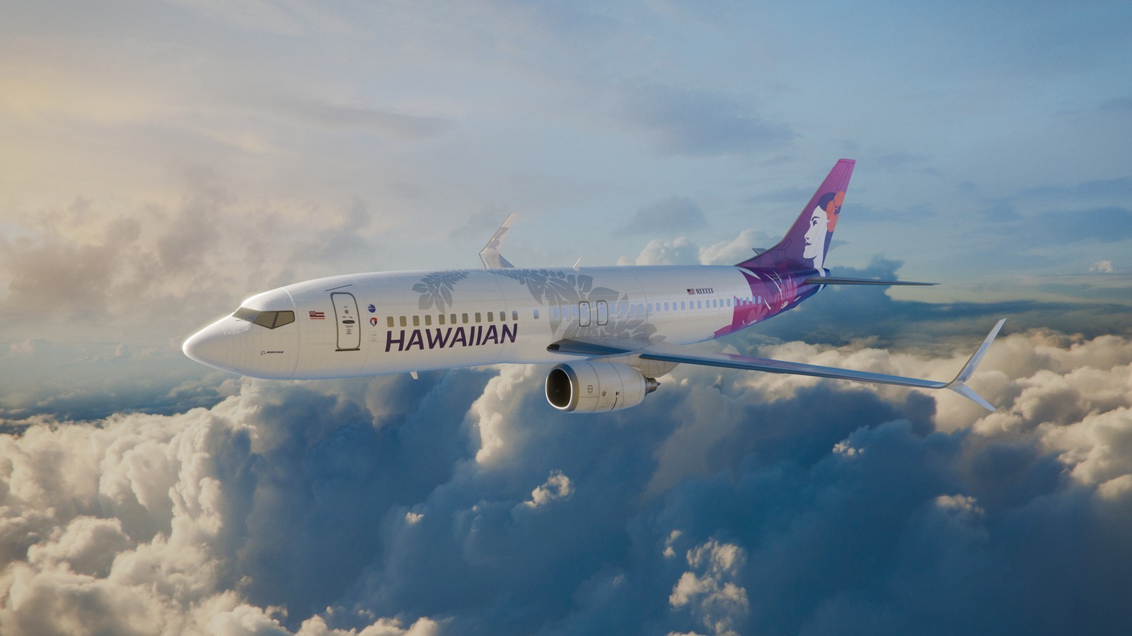 Hawaiian Airlines Airbus A330 with purple orchid tail art flying above clouds at sunrise