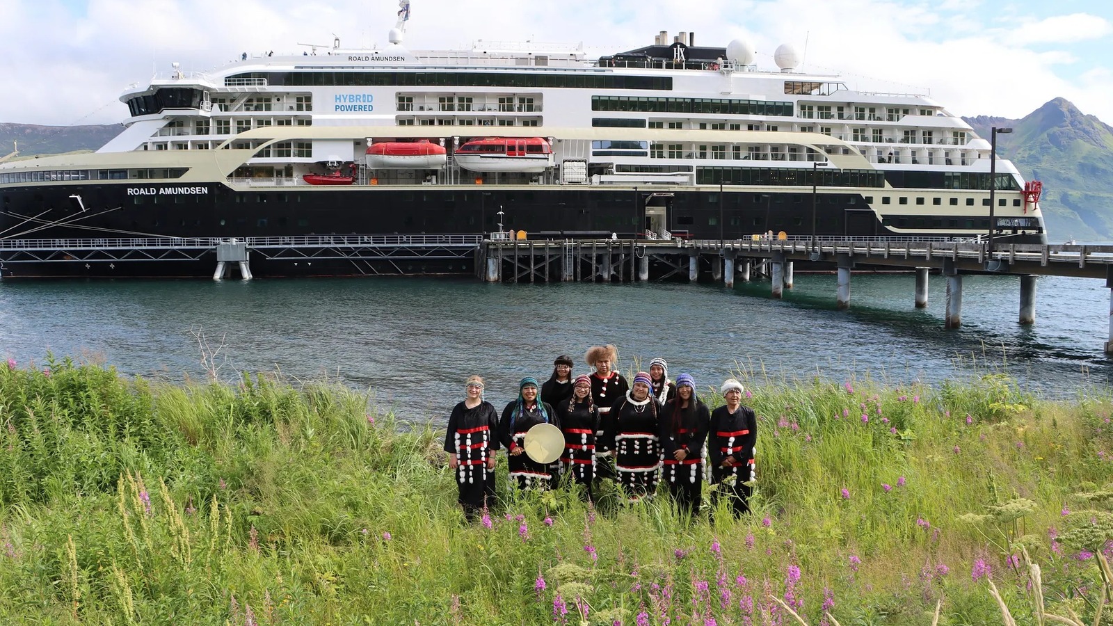 Alutiiq dancers welcome MS Roald Amundsen to Old Harbor Alaska