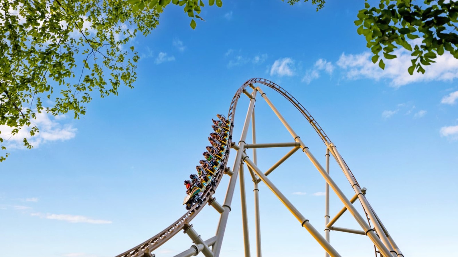 Daytime view of Busch Gardens Williamsburg coasters and park rides including Pantheon