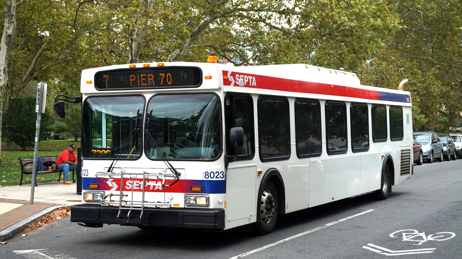 SEPTA New Flyer D40LF bus on a Philadelphia street in daylight