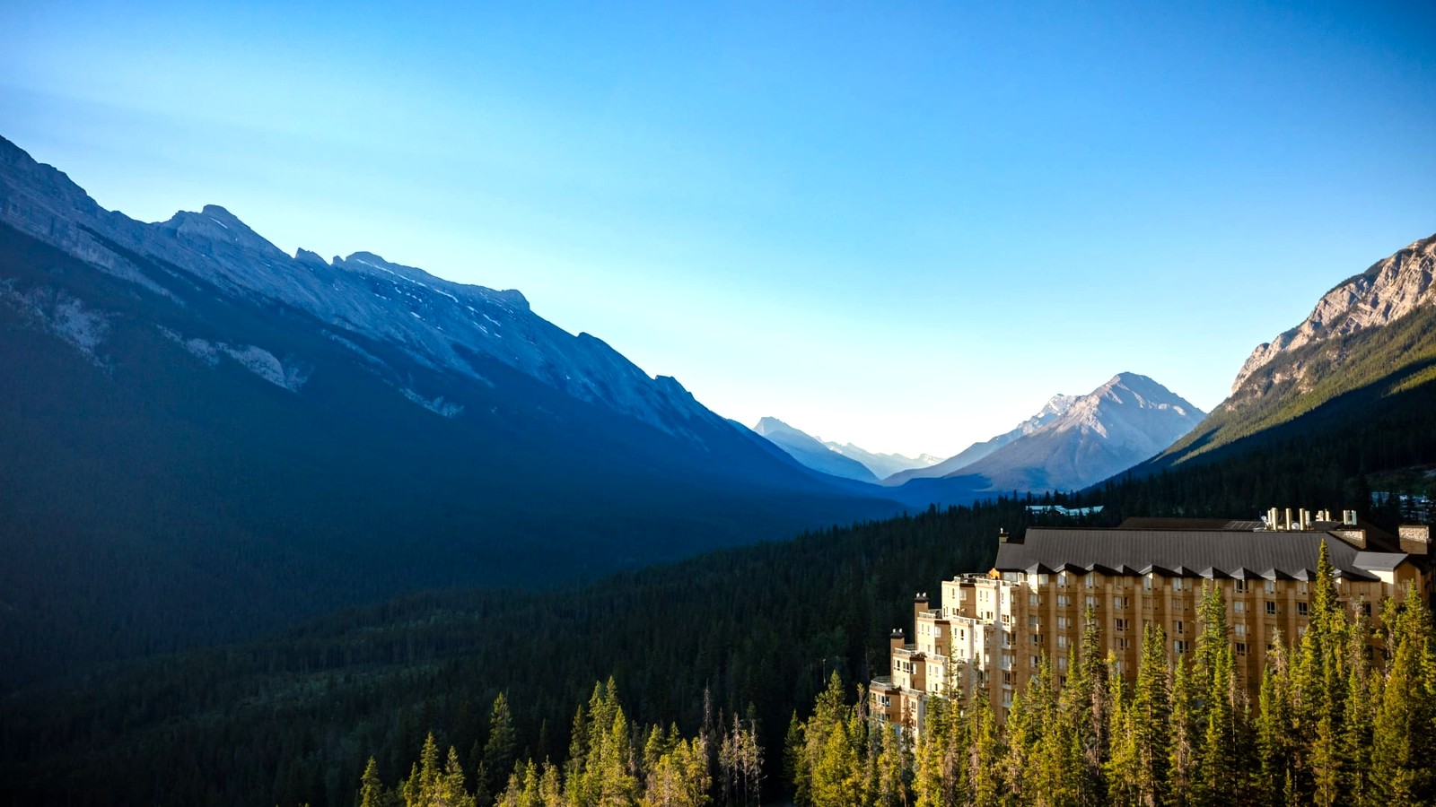 Aerial view of Rimrock Banff resort on Sulphur Mountain above the Bow Valley