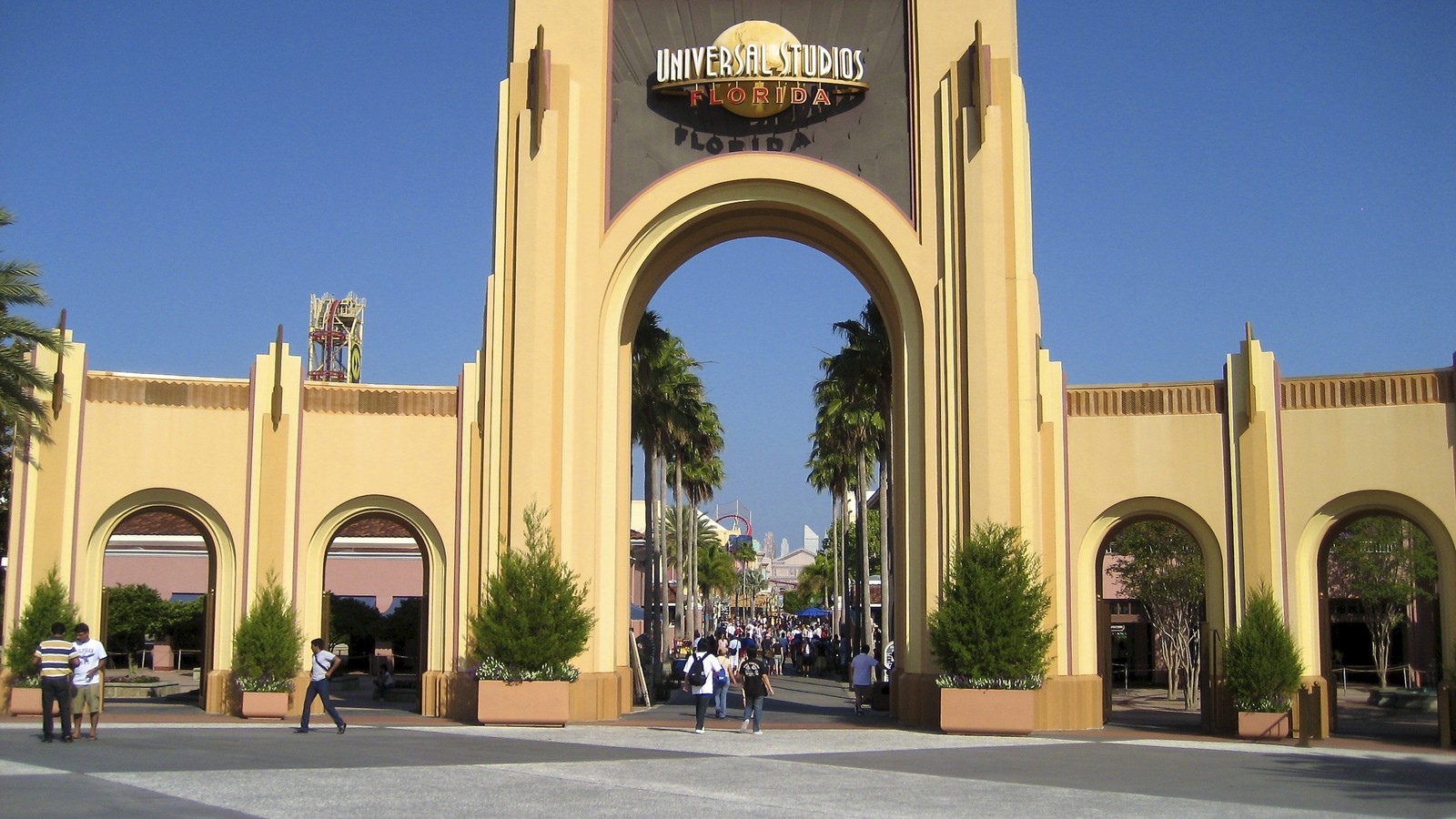 Entrance gates at Universal Studios Florida during park opening