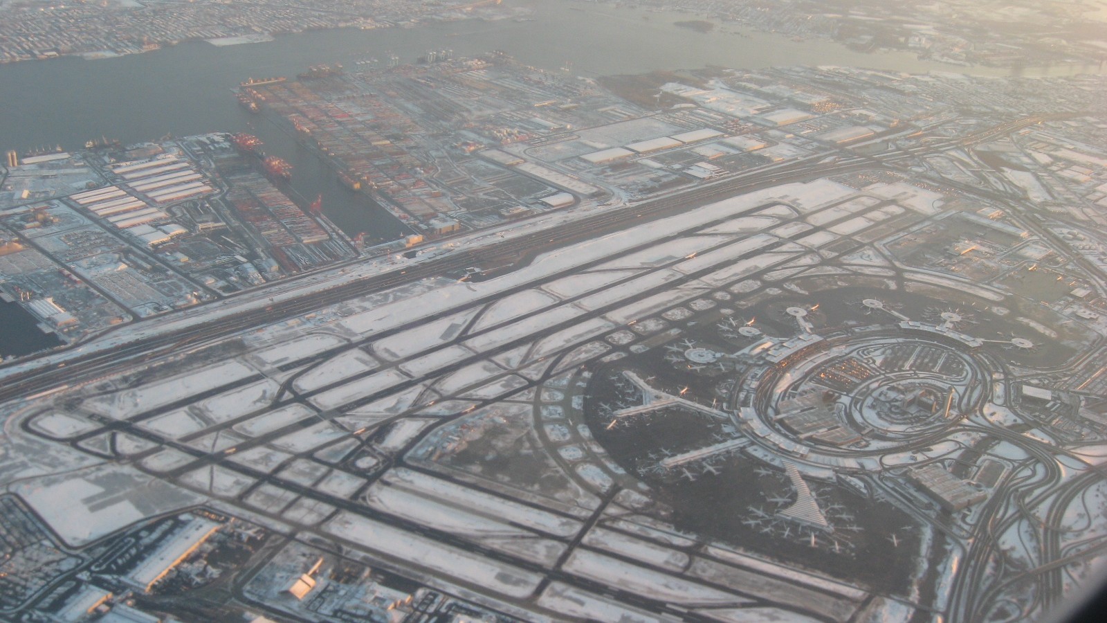 Aerial view of Newark Liberty International Airport runways and terminals
