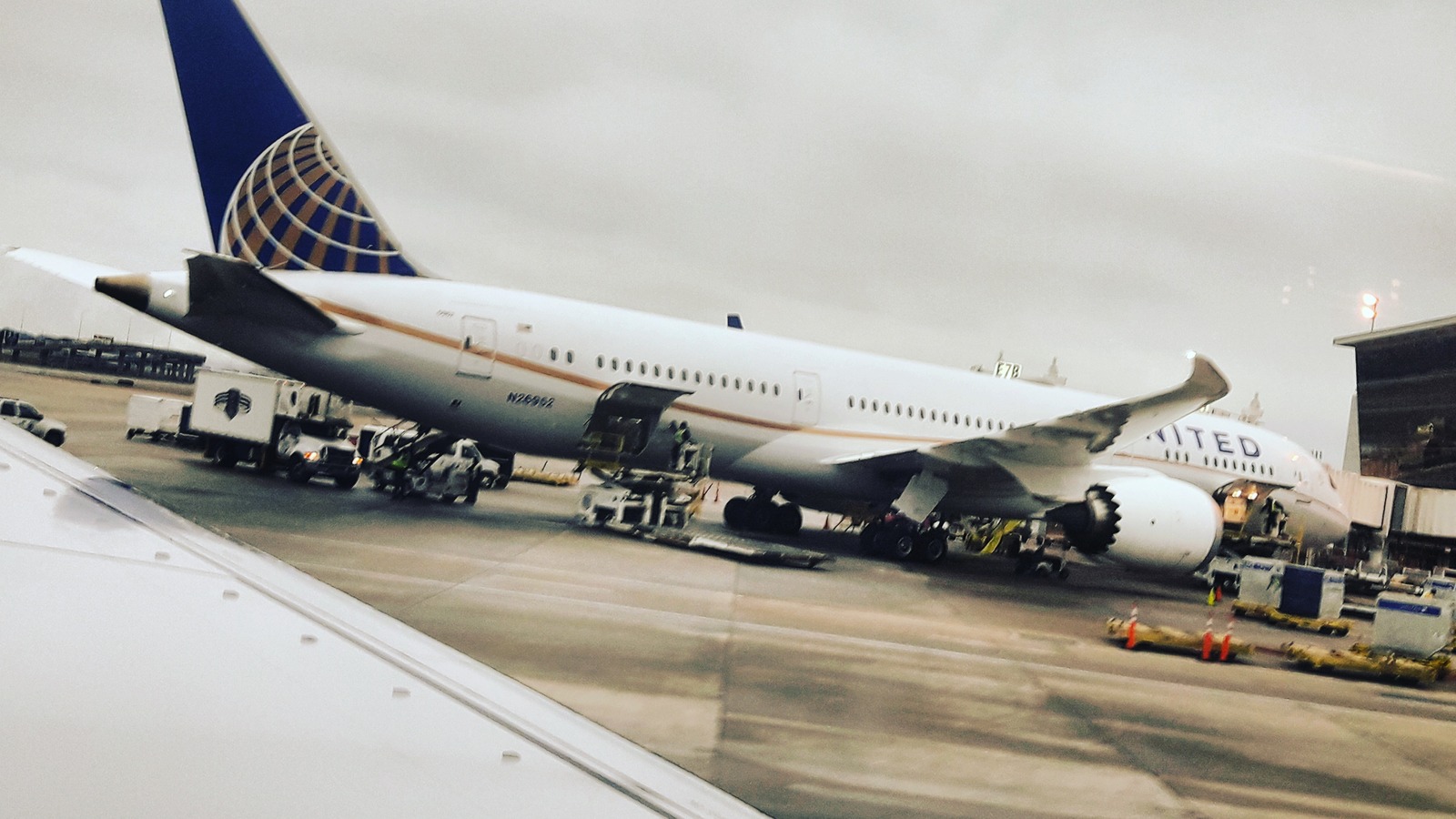 United Airlines Boeing 787 at the gate with readable United globe tail mark